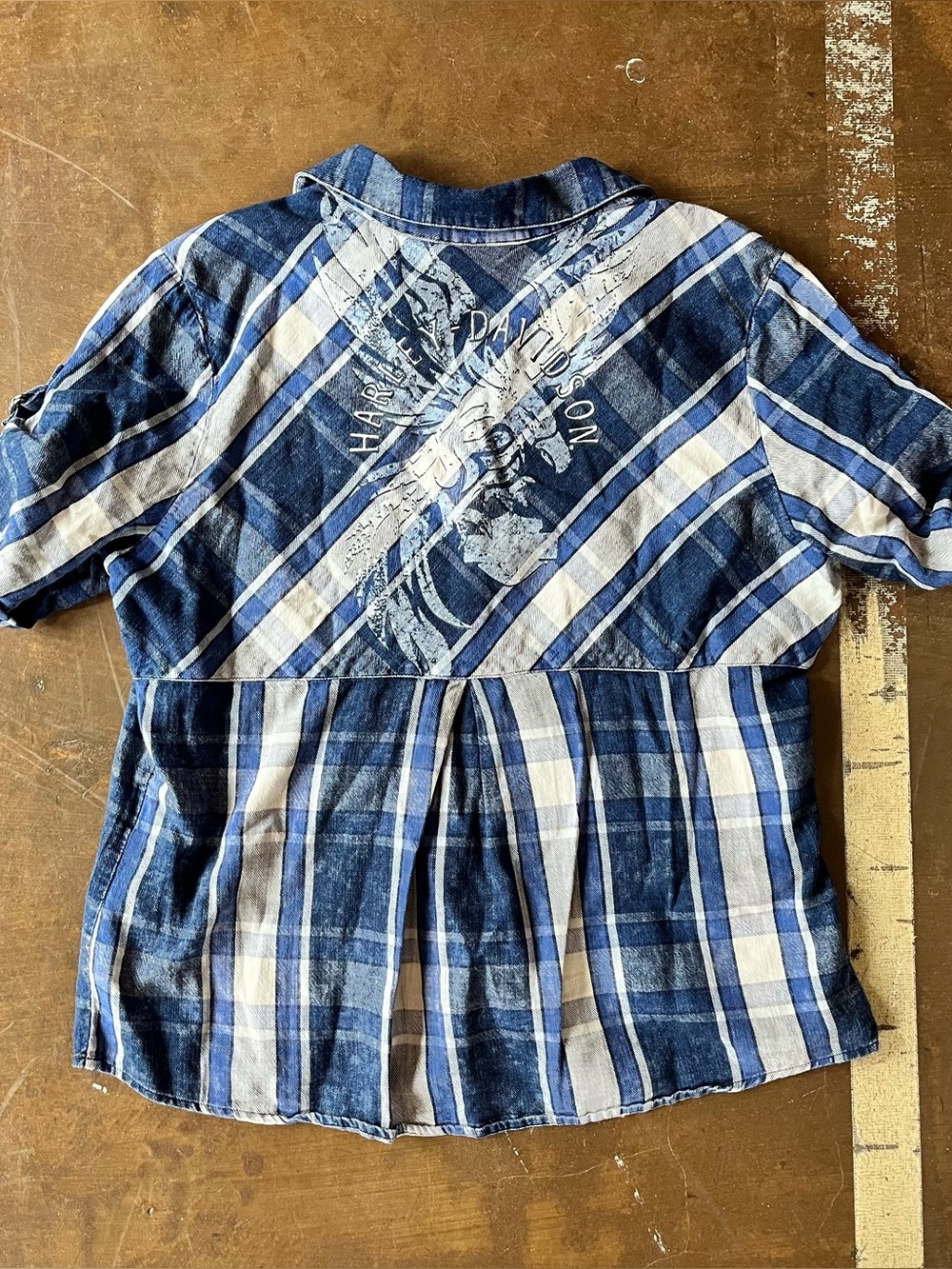 Harley Davidson Eagle Print Blue White Flannel Plaid Peplum Hem Shirt Large L
